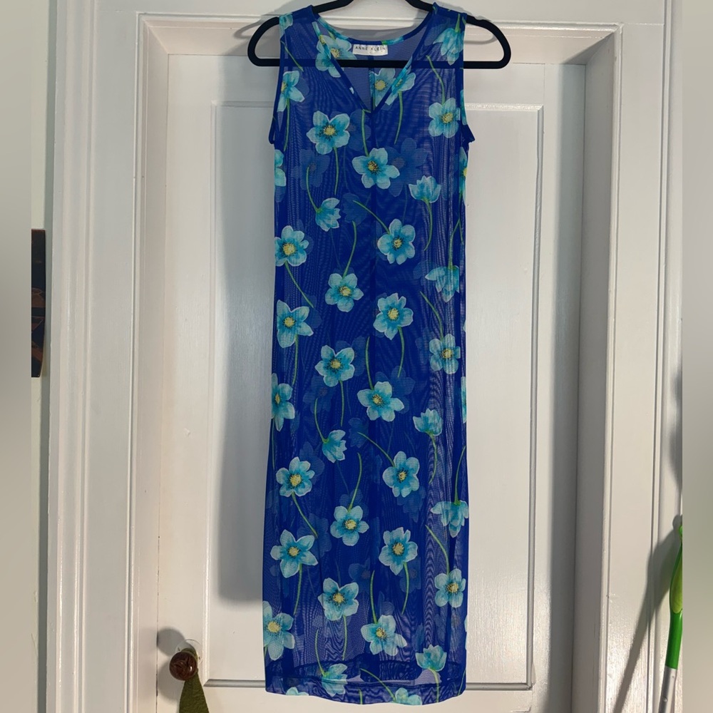Anne Klein Blue Green Flower Shear Maxi Dress